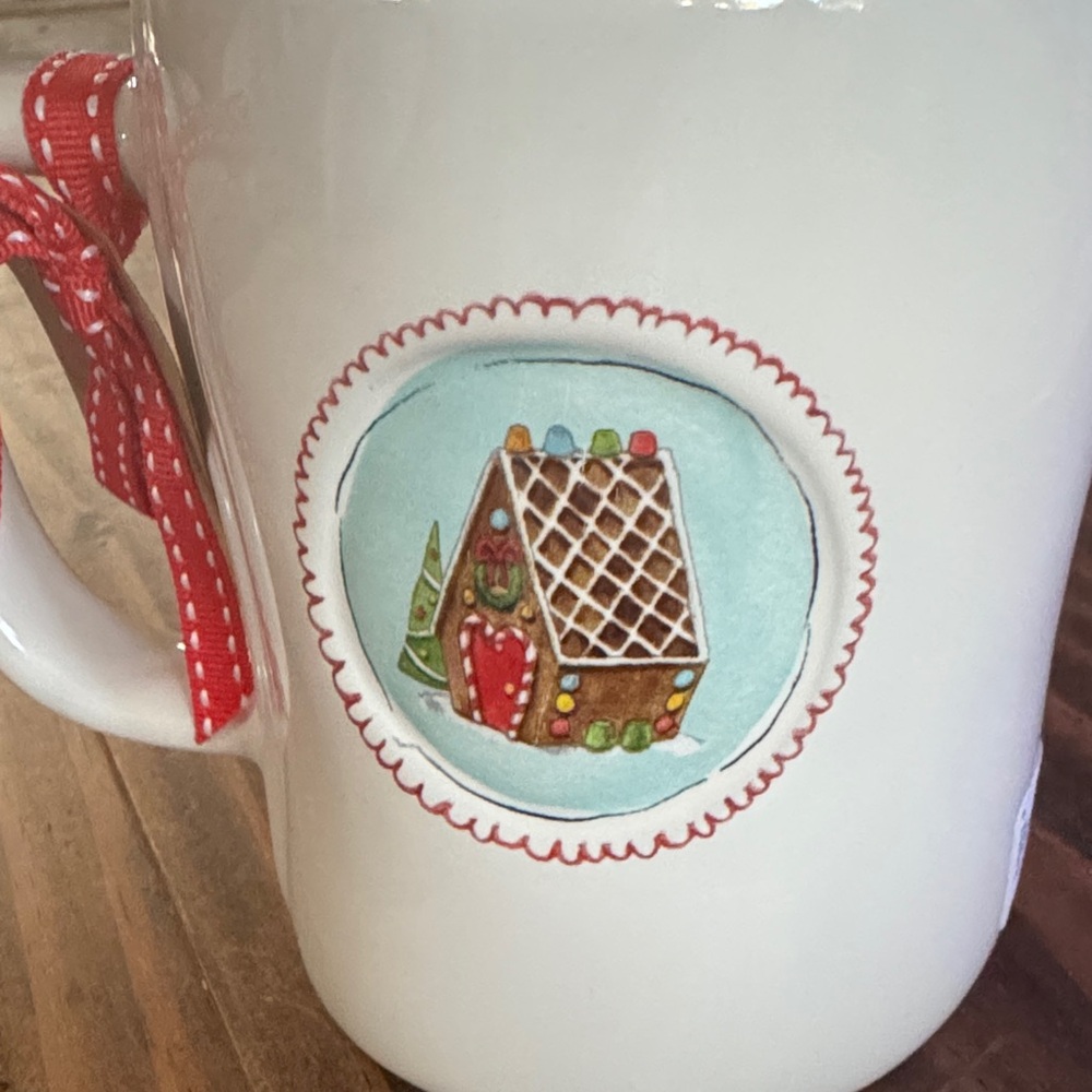 Rae Dunn White Ceramic Mug with Red Ribbon and Gingerbread House Design - Picture 4 of 5